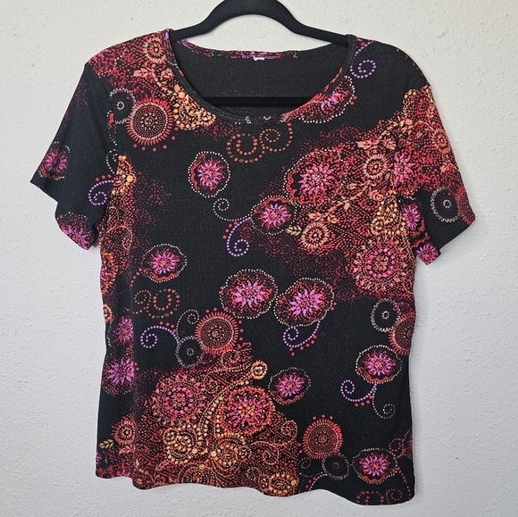 Black Red Top Womens *L/XL Lined Short Sleeve Stretchy Blouse Circle Flower READ - Picture 1 of 9
